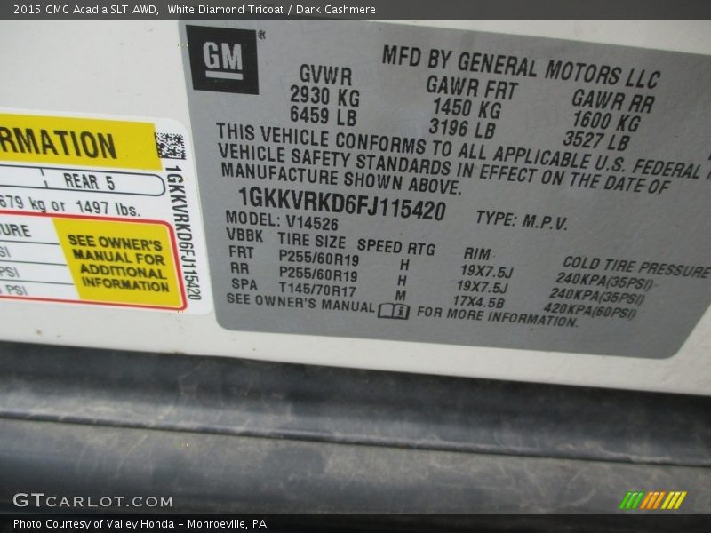 White Diamond Tricoat / Dark Cashmere 2015 GMC Acadia SLT AWD