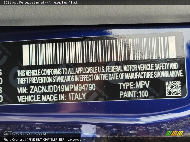 2021 Renegade Limited 4x4 Jetset Blue Color Code 100