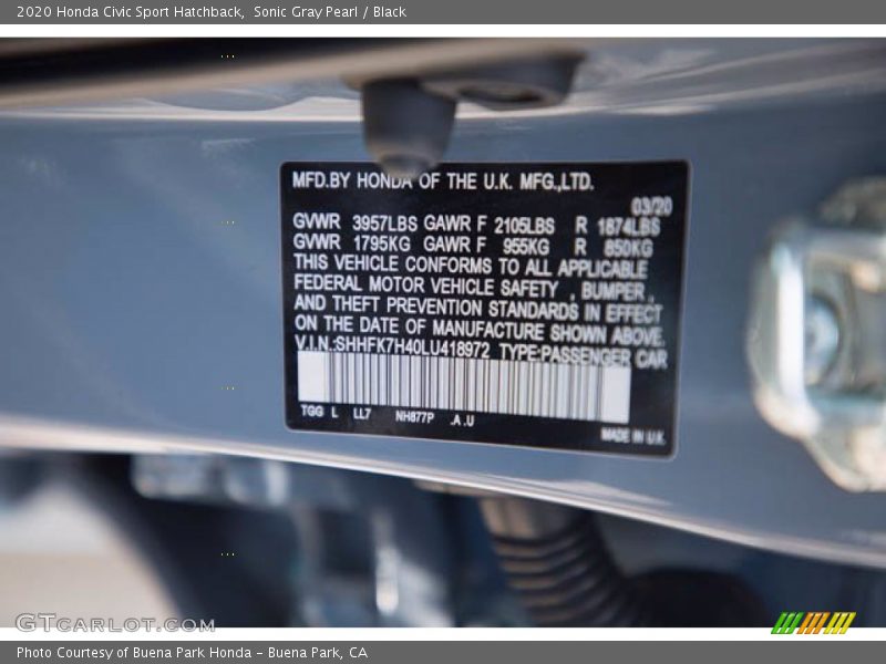 Sonic Gray Pearl / Black 2020 Honda Civic Sport Hatchback