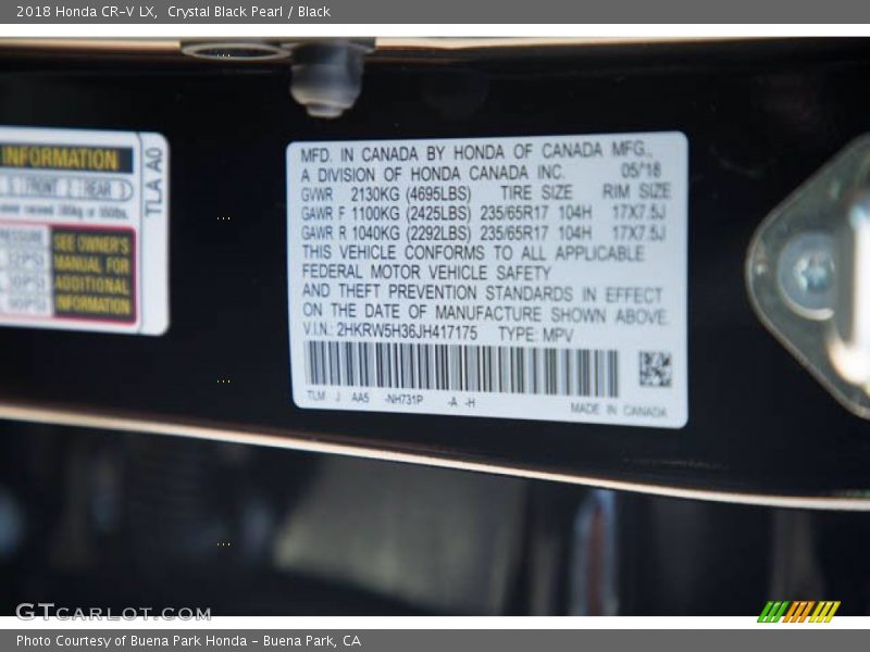 Crystal Black Pearl / Black 2018 Honda CR-V LX
