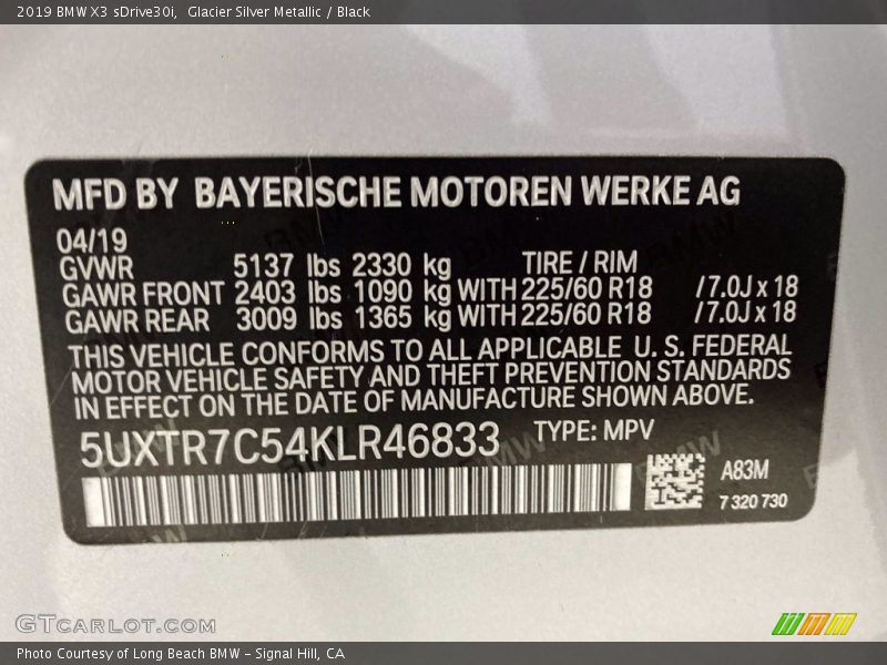 Glacier Silver Metallic / Black 2019 BMW X3 sDrive30i
