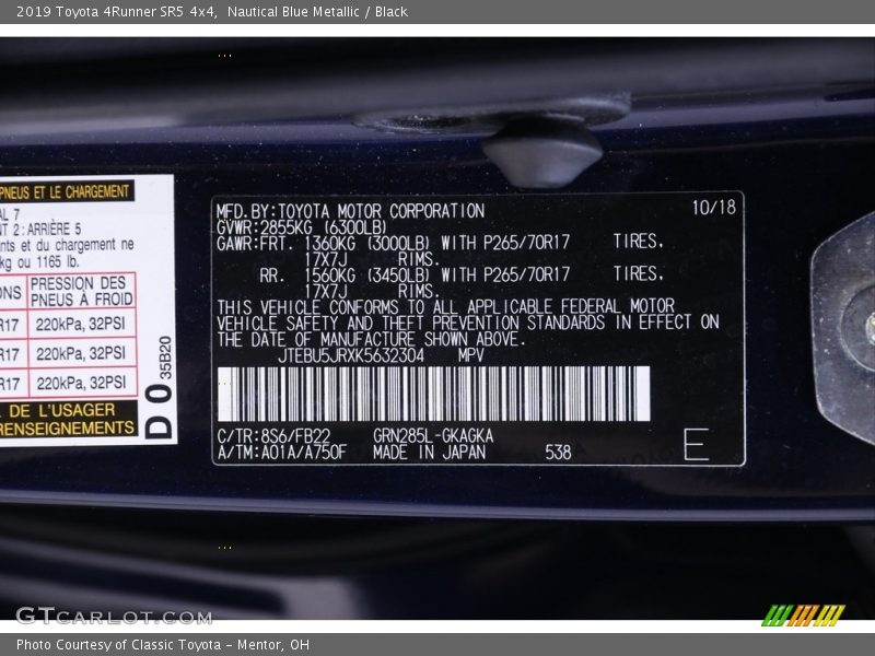 Nautical Blue Metallic / Black 2019 Toyota 4Runner SR5 4x4