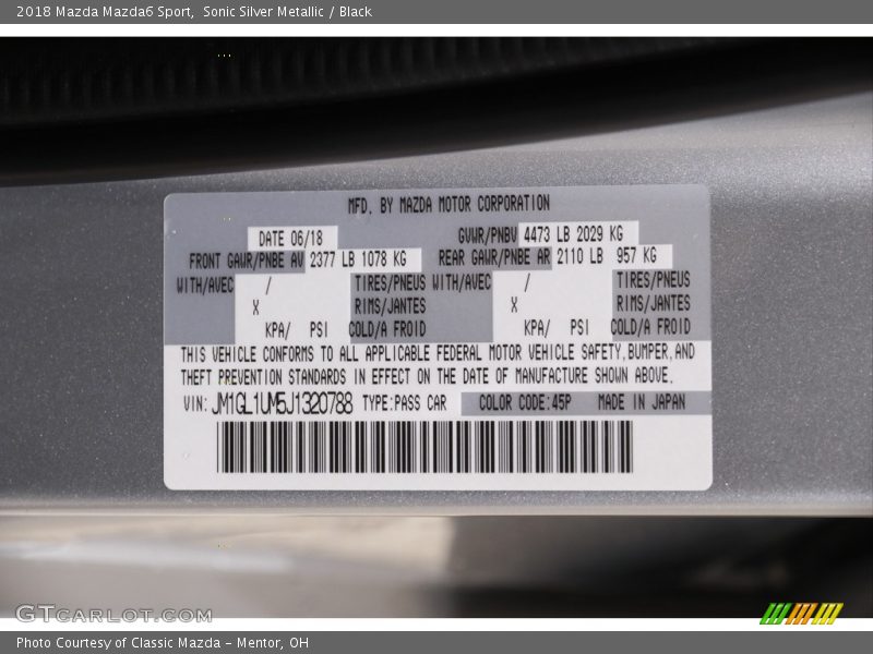 Sonic Silver Metallic / Black 2018 Mazda Mazda6 Sport