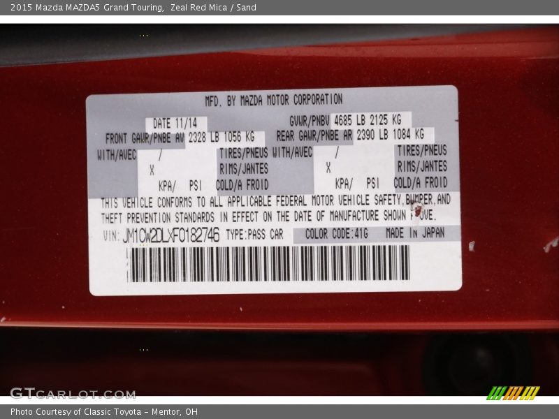 2015 MAZDA5 Grand Touring Zeal Red Mica Color Code 41G