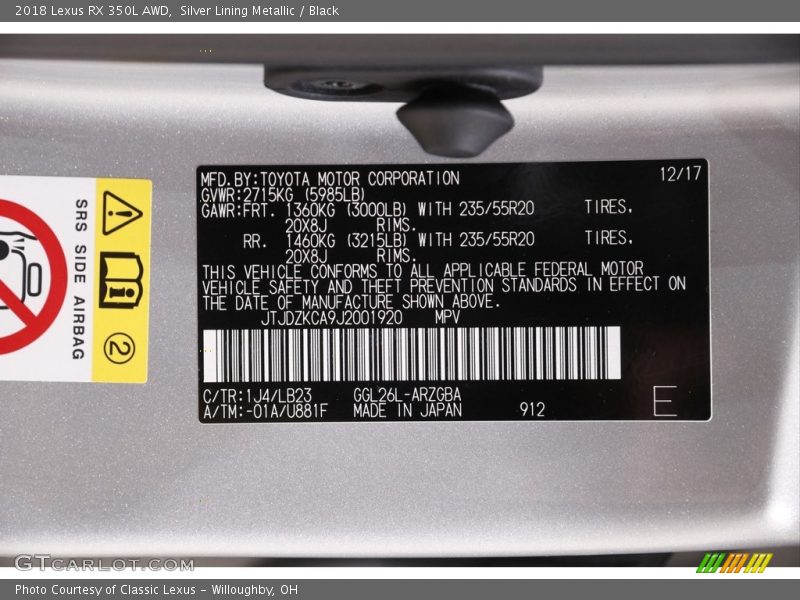 Silver Lining Metallic / Black 2018 Lexus RX 350L AWD