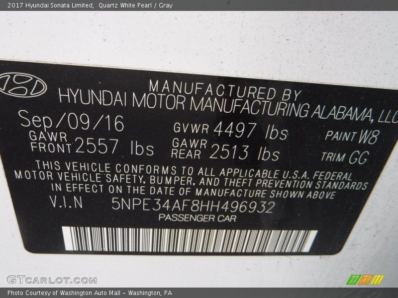 Quartz White Pearl / Gray 2017 Hyundai Sonata Limited