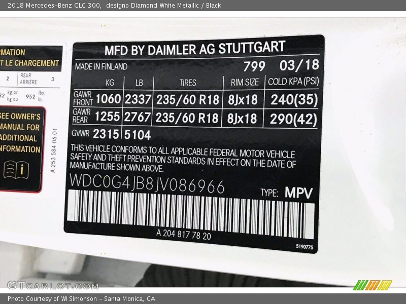 2018 GLC 300 designo Diamond White Metallic Color Code 799