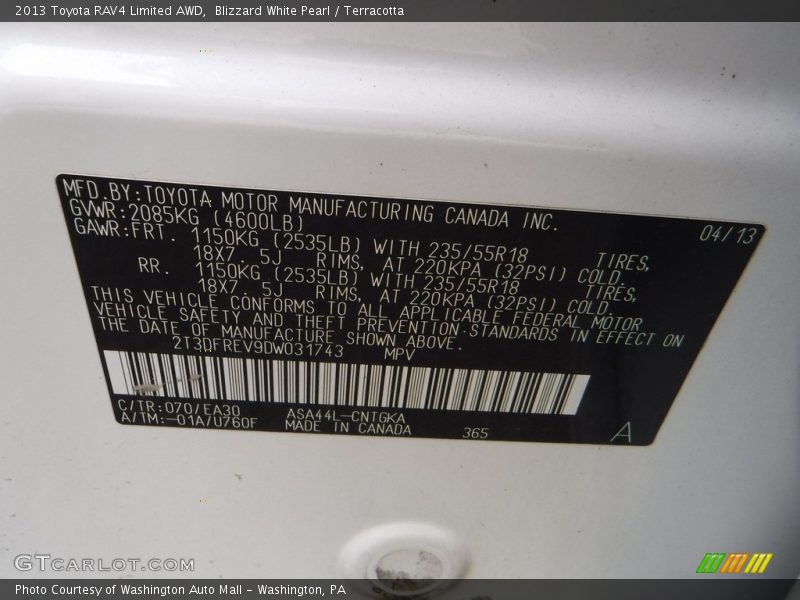 Blizzard White Pearl / Terracotta 2013 Toyota RAV4 Limited AWD