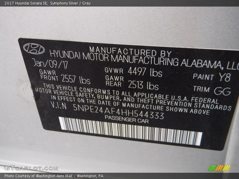 Symphony Silver / Gray 2017 Hyundai Sonata SE