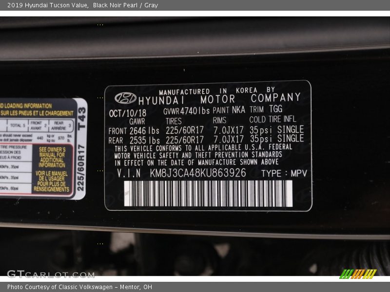 Black Noir Pearl / Gray 2019 Hyundai Tucson Value