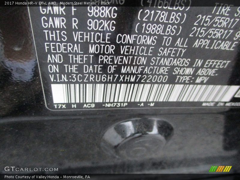 Modern Steel Metallic / Black 2017 Honda HR-V EX-L AWD