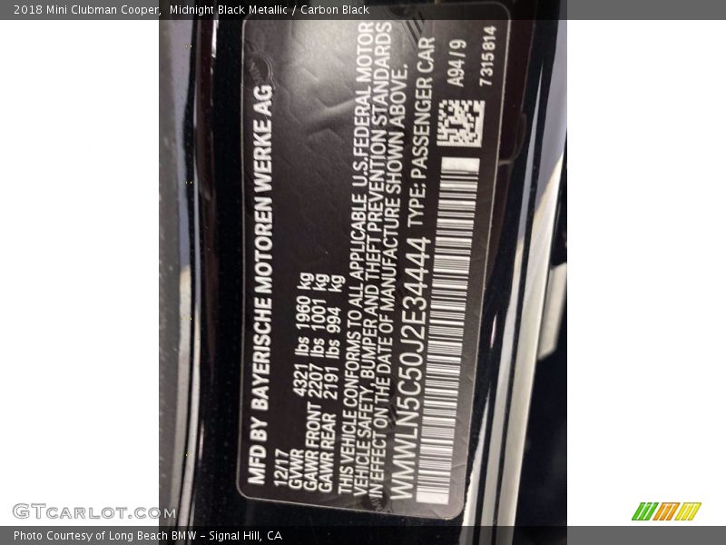 Midnight Black Metallic / Carbon Black 2018 Mini Clubman Cooper