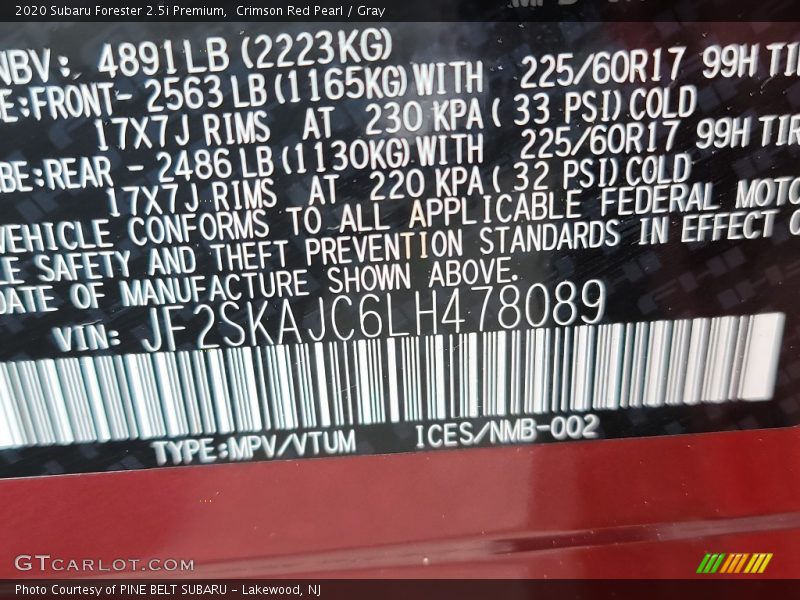 Crimson Red Pearl / Gray 2020 Subaru Forester 2.5i Premium