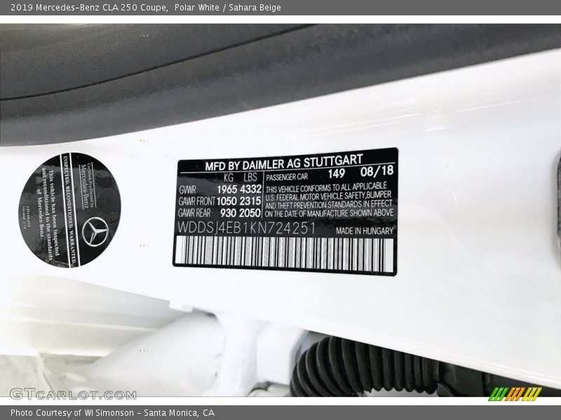 Polar White / Sahara Beige 2019 Mercedes-Benz CLA 250 Coupe
