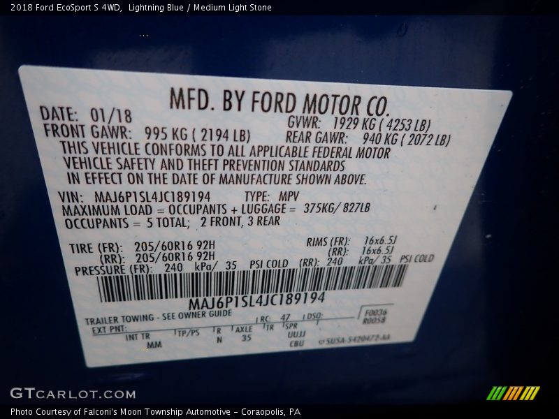 Lightning Blue / Medium Light Stone 2018 Ford EcoSport S 4WD