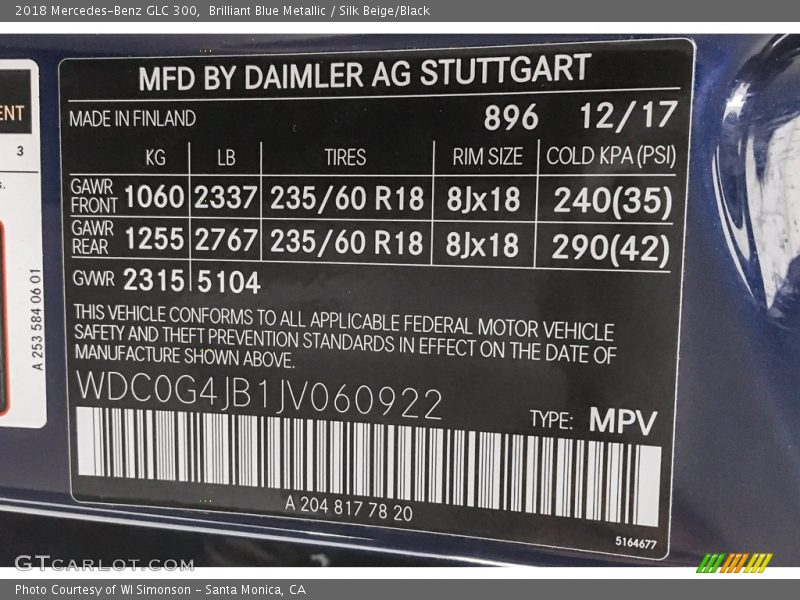 2018 GLC 300 Brilliant Blue Metallic Color Code 896
