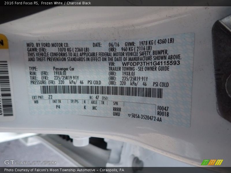 2016 Focus RS Frozen White Color Code Z2