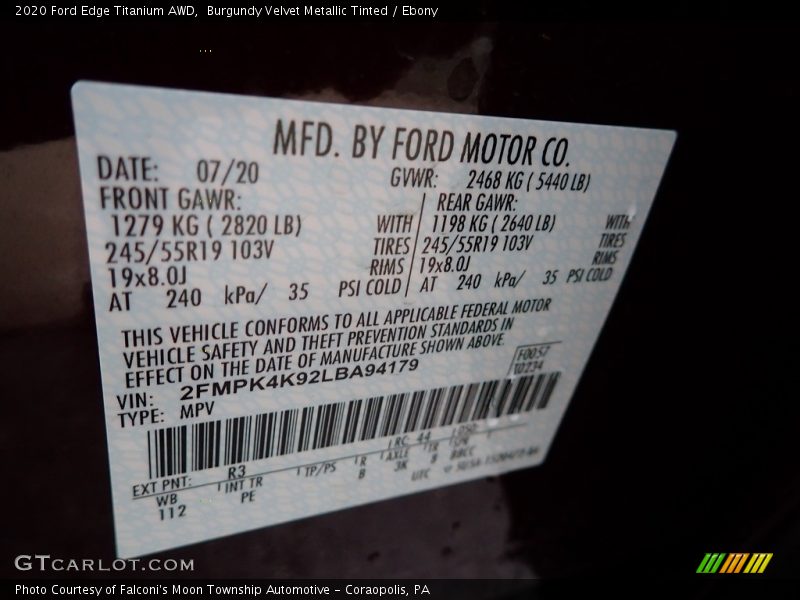 Burgundy Velvet Metallic Tinted / Ebony 2020 Ford Edge Titanium AWD