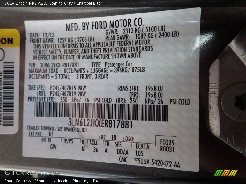 2014 MKZ AWD Sterling Gray Color Code UJ
