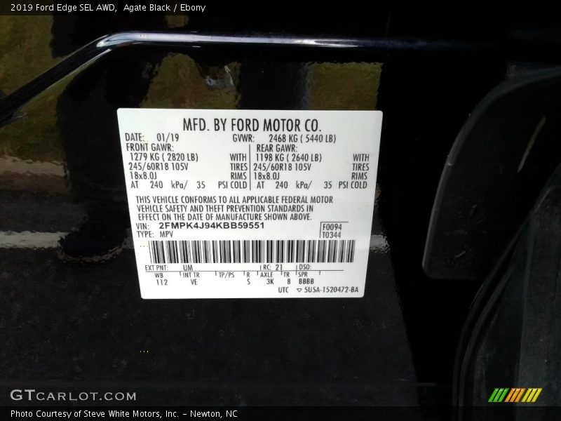 Agate Black / Ebony 2019 Ford Edge SEL AWD