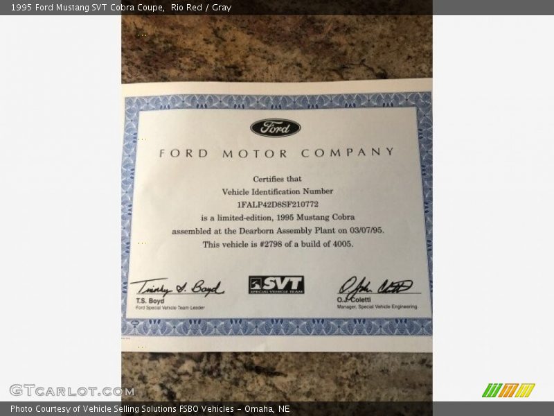 Rio Red / Gray 1995 Ford Mustang SVT Cobra Coupe