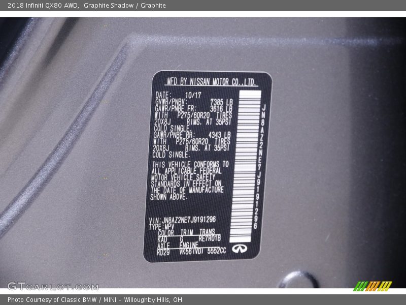 2018 QX80 AWD Graphite Shadow Color Code KAD