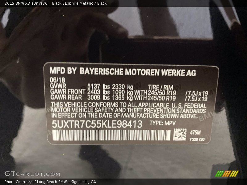 Black Sapphire Metallic / Black 2019 BMW X3 sDrive30i