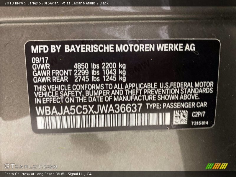 2018 5 Series 530i Sedan Atlas Cedar Metallic Color Code C2P