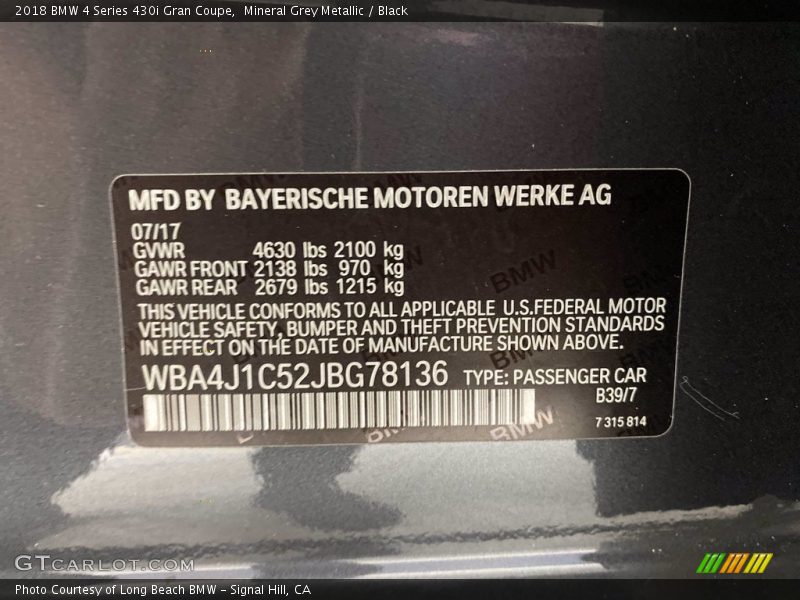 Mineral Grey Metallic / Black 2018 BMW 4 Series 430i Gran Coupe