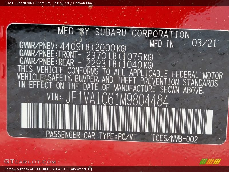 Pure Red / Carbon Black 2021 Subaru WRX Premium