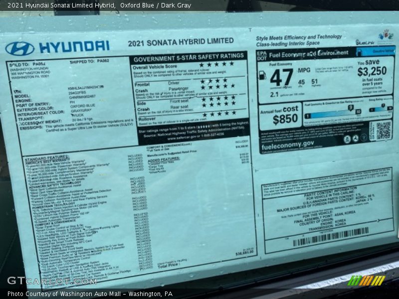 Oxford Blue / Dark Gray 2021 Hyundai Sonata Limited Hybrid