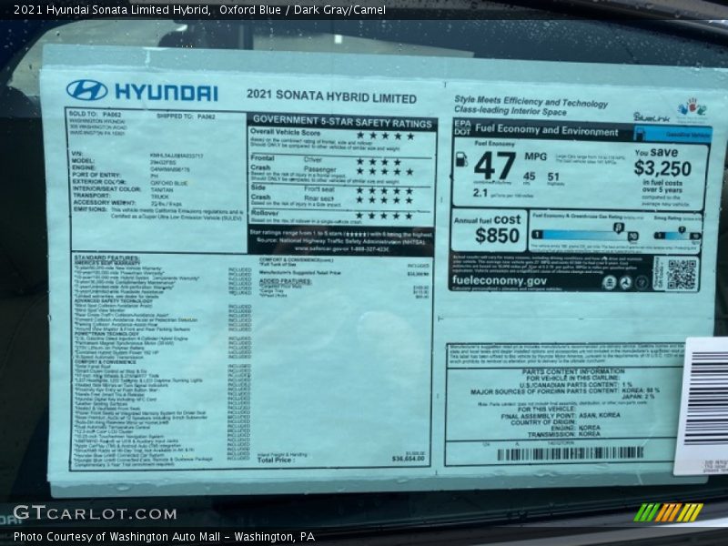  2021 Sonata Limited Hybrid Window Sticker