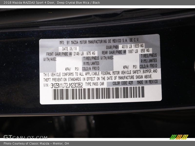 Deep Crystal Blue Mica / Black 2018 Mazda MAZDA3 Sport 4 Door