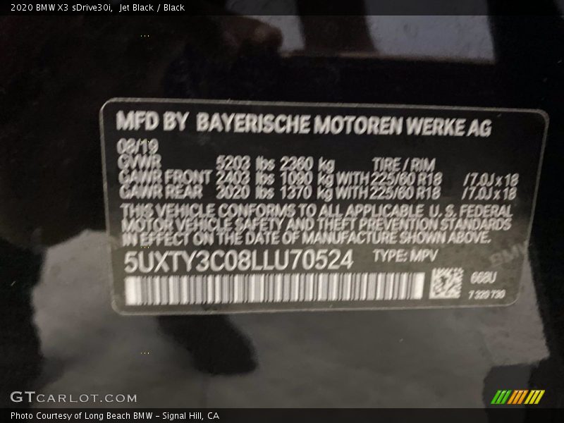 Jet Black / Black 2020 BMW X3 sDrive30i