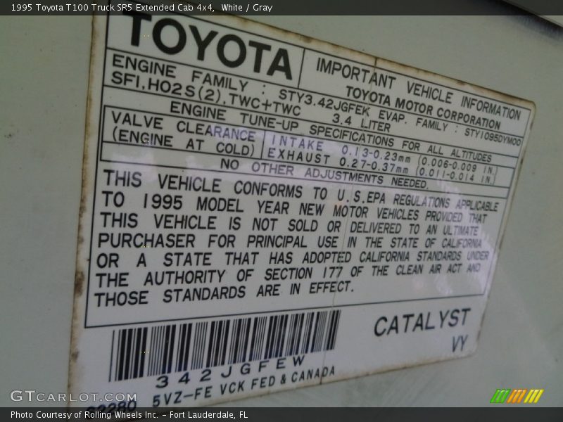 Info Tag of 1995 T100 Truck SR5 Extended Cab 4x4