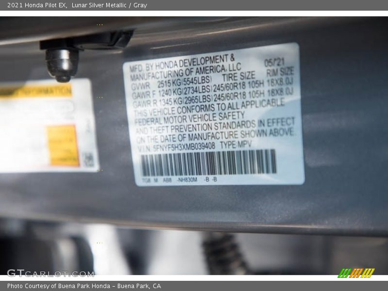 Lunar Silver Metallic / Gray 2021 Honda Pilot EX