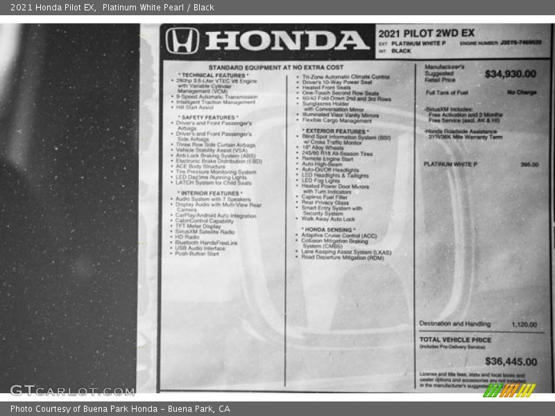 Platinum White Pearl / Black 2021 Honda Pilot EX