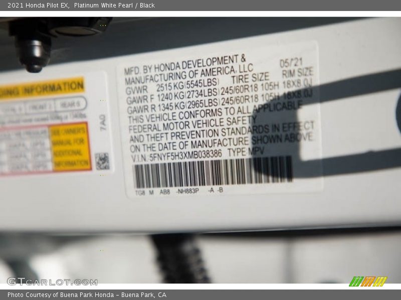 Platinum White Pearl / Black 2021 Honda Pilot EX