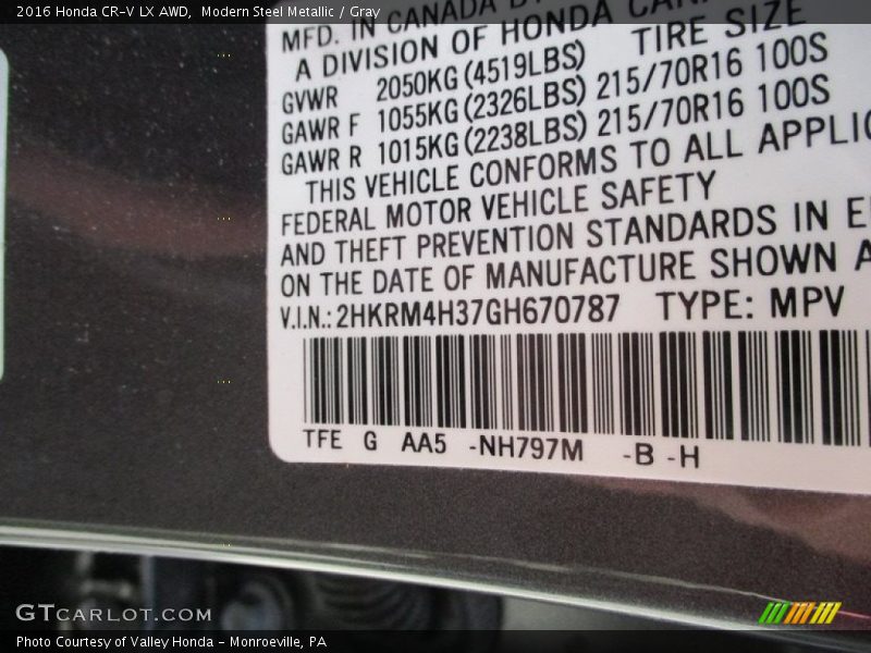 2016 CR-V LX AWD Modern Steel Metallic Color Code NH797M