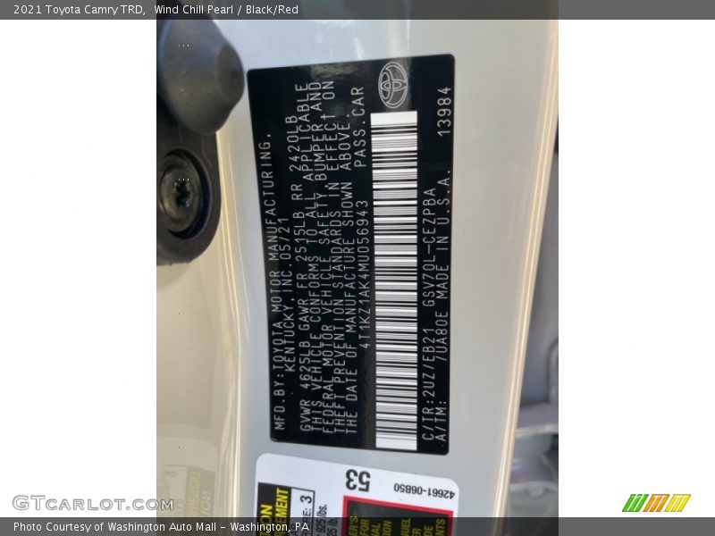 2021 Camry TRD Wind Chill Pearl Color Code 2UZ