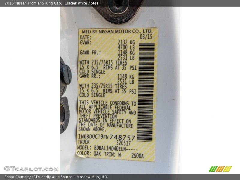 2015 Frontier S King Cab Glacier White Color Code QAK