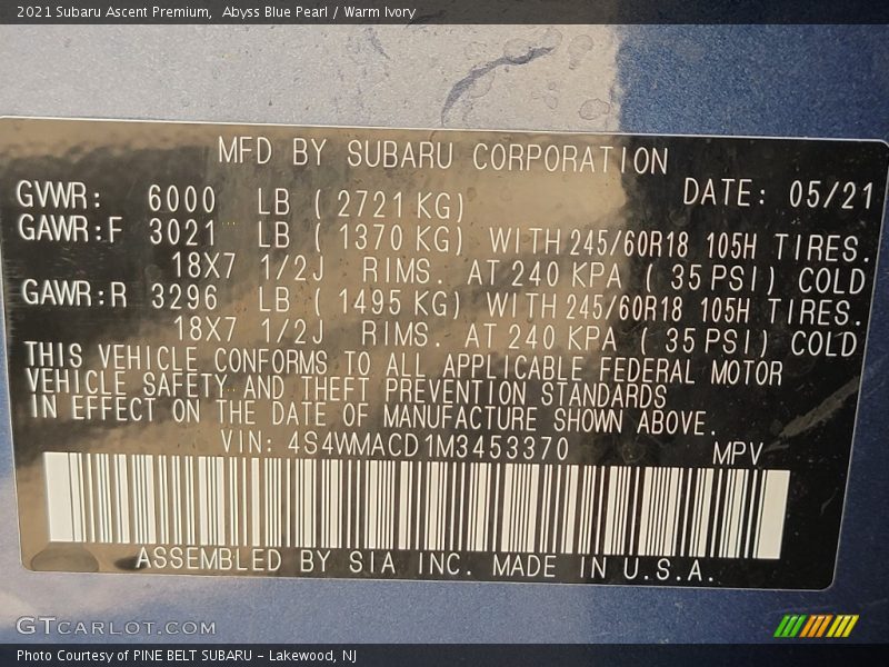 Abyss Blue Pearl / Warm Ivory 2021 Subaru Ascent Premium