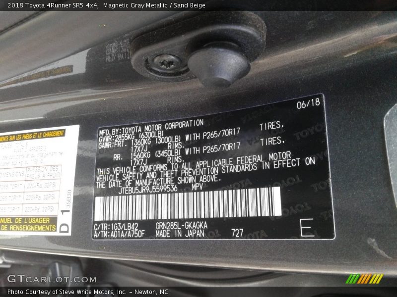 Magnetic Gray Metallic / Sand Beige 2018 Toyota 4Runner SR5 4x4