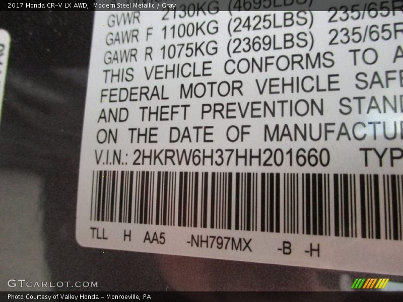 Modern Steel Metallic / Gray 2017 Honda CR-V LX AWD