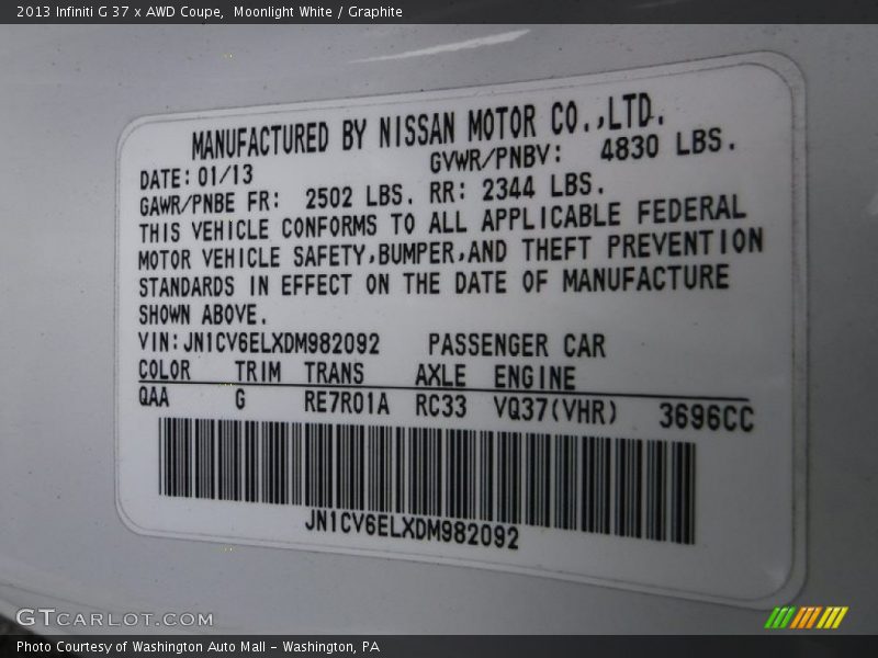 Moonlight White / Graphite 2013 Infiniti G 37 x AWD Coupe