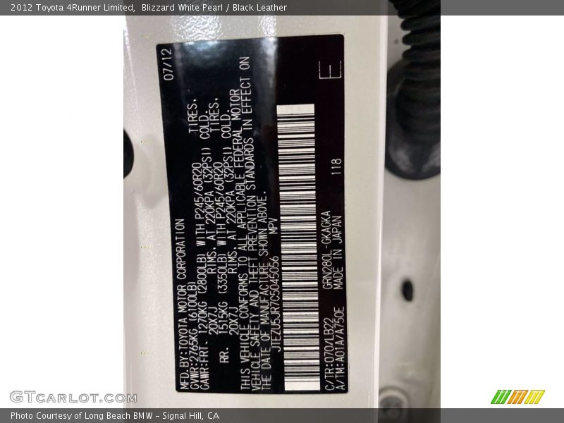 Blizzard White Pearl / Black Leather 2012 Toyota 4Runner Limited