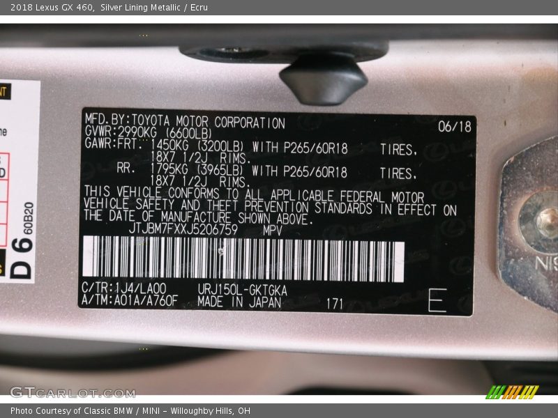 Silver Lining Metallic / Ecru 2018 Lexus GX 460