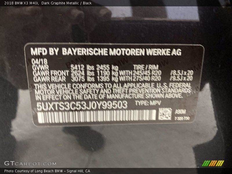 Dark Graphite Metallic / Black 2018 BMW X3 M40i