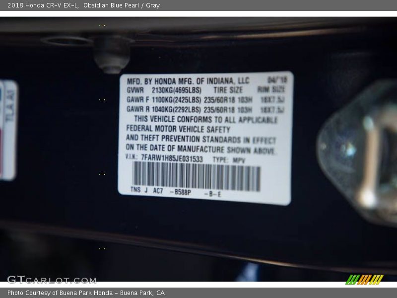 Obsidian Blue Pearl / Gray 2018 Honda CR-V EX-L