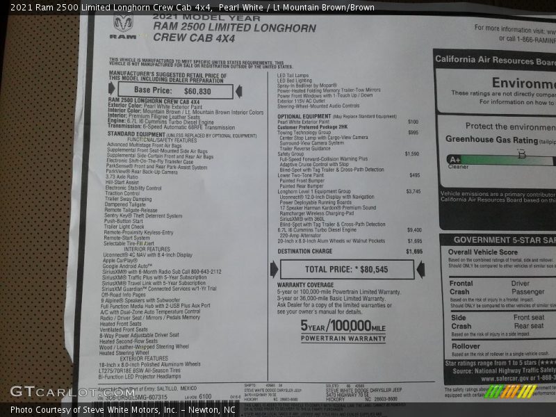 Pearl White / Lt Mountain Brown/Brown 2021 Ram 2500 Limited Longhorn Crew Cab 4x4